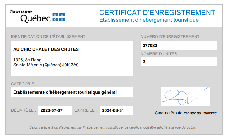 Certificat Hebergement touristique Chicchalet